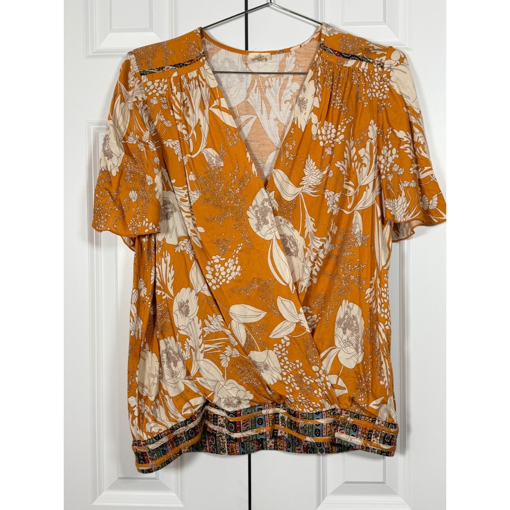 TINY Anthropologie Floral Surplice Blouse Mustard Yellow Boho Wrap Top size L